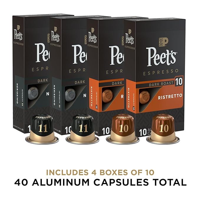 Peet's Coffee, Dark Roast Espresso Capsules Variety Pack, Compatible with Nespresso Original Machine, 100% Arabica Coffee - Intensity 10-11, 40 Count (4 Boxes of 10 Espresso Capsules)