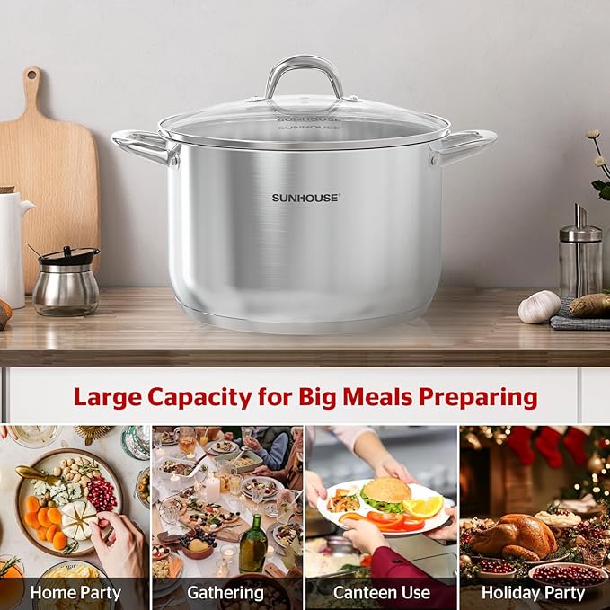 SUNHOUSE Stainless Steel Stock Pot - 15 Quart Heavy-Duty Induction Cooking Pot with Visible Lid for Pasta, Soup, Spaghetti - Nonstick Thick-Bottom Deep Stockpot for Canning, Boiling, and Simmering