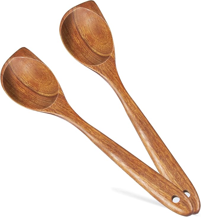 2 Pack Premium wooden spoons for cooking - Acacia Wood Kitchen utensils for Cooking and Stirring, Durable Hardwood Stirring Spoon, Non-Scratch Cooking utensil Tool, Ergonomic Handle 13 Inches