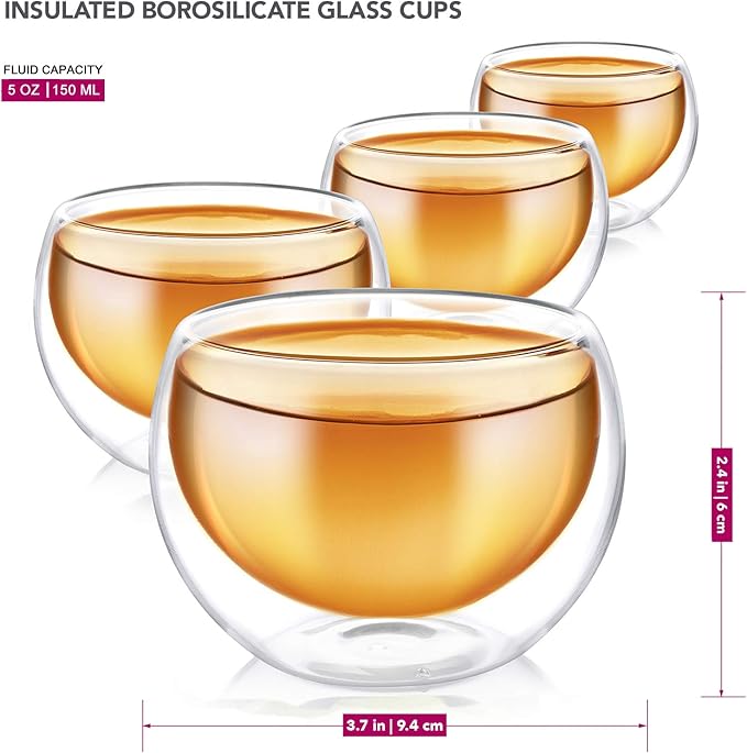 Teabloom Stovetop Safe Glass Teapot with Removable Infuser (40oz/1200ml) and Four Double Walled Glass Cups (5oz/150ml) - Classica Tea Set