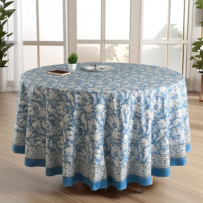 CPC Round Tablecloth- Cotton Indian Block Print Tablecloth -Handmade Printed Washable Cotton Table Cloth - Spring/Summer, Wedding Table Cover - Blue Sapphire 120 Inch