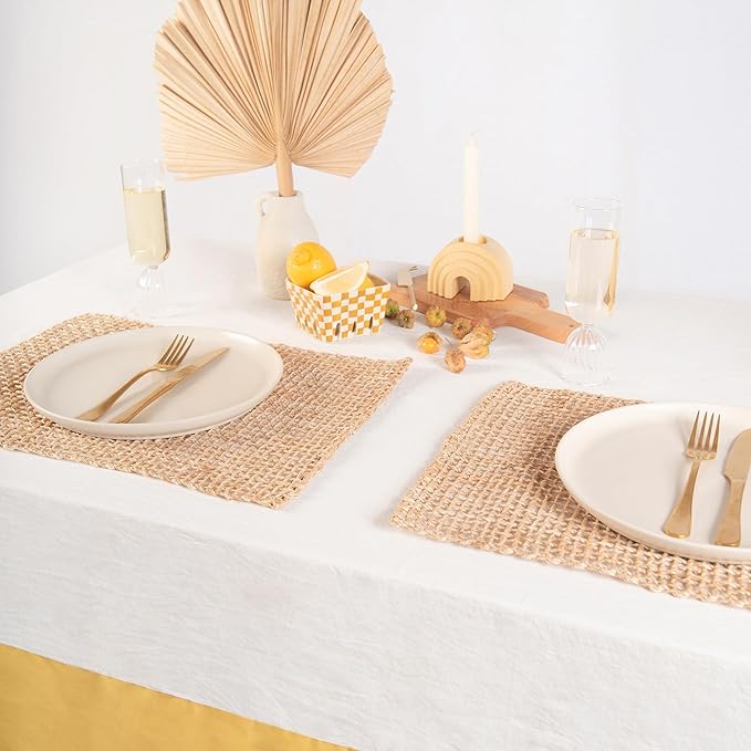 MONDAY MOOSE Farmhouse Rustic Picnic Style Decoration Rectangle Natural Stonewashed Cotton Tablecloth for Kitchen, Dining Room, Restaurant (55x70 inch, White/Mustard)