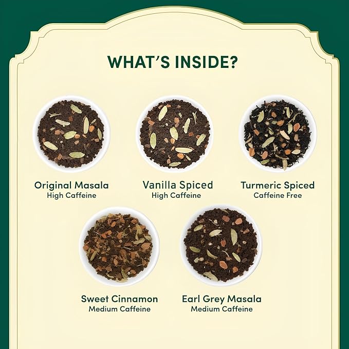 VAHDAM, Assorted Chai Tea Bags Sampler (5 Flavors, 20 Ecofriendly Pyramid Tea bags) I Gift Ideas for Women & Men | Masala Chai Tea Varieties from India | Gluten Free & Non GMO | Gifts for Him/Her