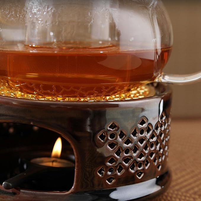 Teapot Warmer Ceramic Teapot Heater with Spoon Lid, Candle Holder for Heating Tea, Coffee and Milk, Universal Teapot Heater Brown
