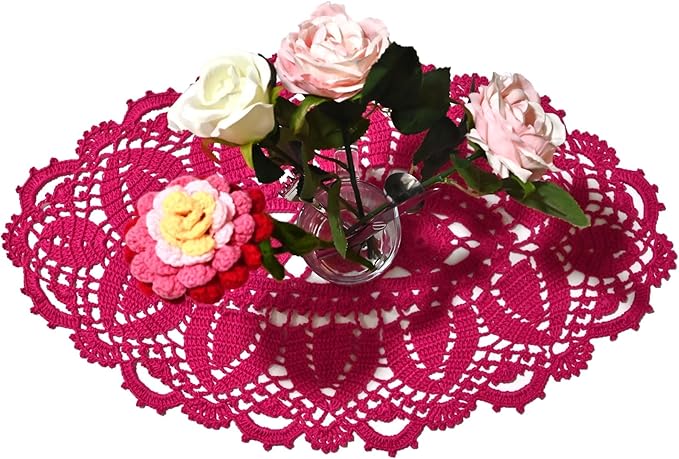 BIBITIME Lace Tablecloth Doily Handmade Crochet Placemat Women Vase Mat Kitchen Table Runner (4PCS- 12 x 22 in, Rose)
