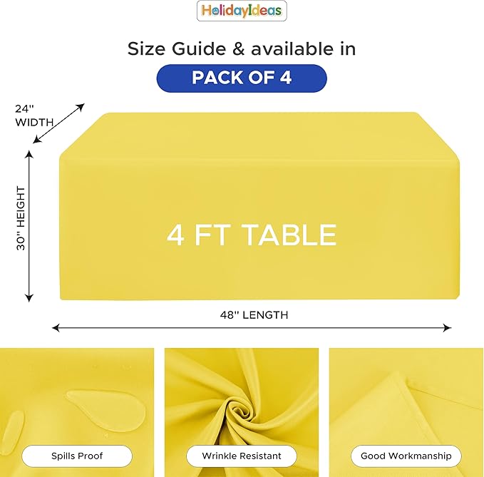 HolidayIdeas Fitted Tablecloths for 4 Foot Rectangle Table, Wrinkle Resistant Washable Table Cover 24x48 Inch for Vendor Booth Display, Banquet, Trade Show, Yellow, 4 Pcs
