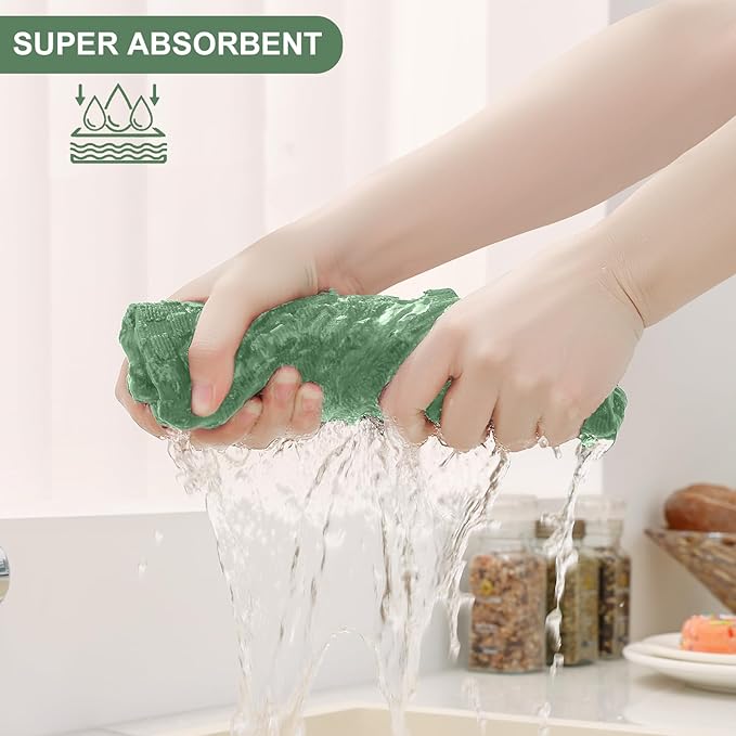Homaxy 100% Cotton Kitchen Towels and Dishcloths Set, 12 x 12 & 15 x 25 Inches, Set of 8 Bulk Terry Cloth Dish Towels, Super Soft and Absorbent Hand Towel with Hanging Loop, Grass Green
