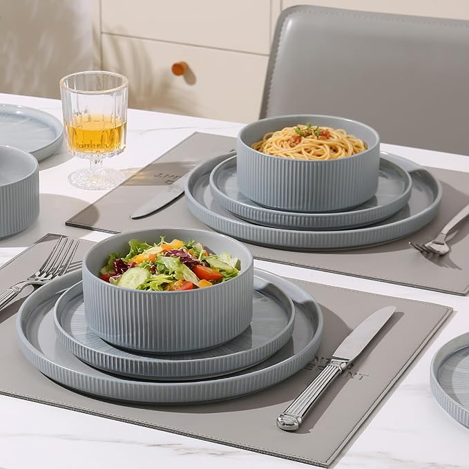 Dinnerware Sets for 4, Ceramic Plates and Bowls Set 12 Piece Dinnerware Chip Resistant Stoneware, Dishwasher and Microwave Safe-Blue
