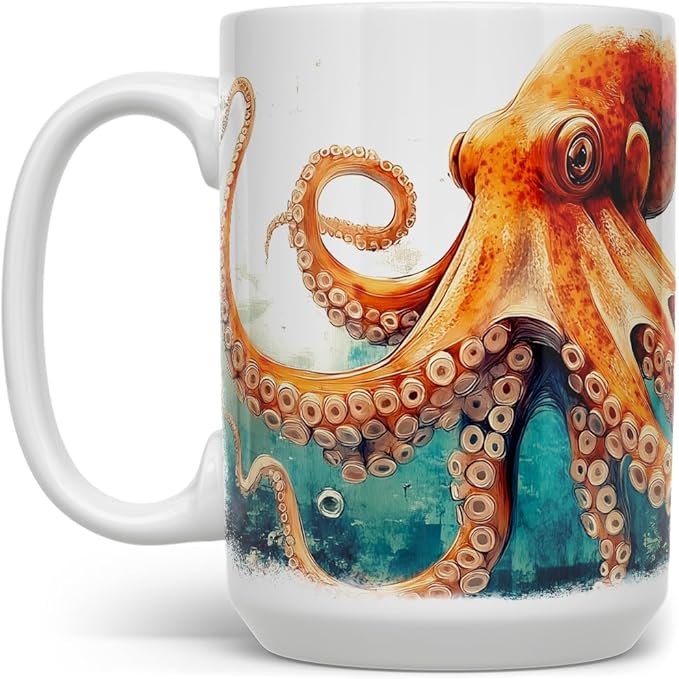 Loftipop Nautical Octopus Ceramic Coffee Mug, Nature Ocean Sea Life Cup, Outdoor Beach Lover Coastal Gifts (15oz)