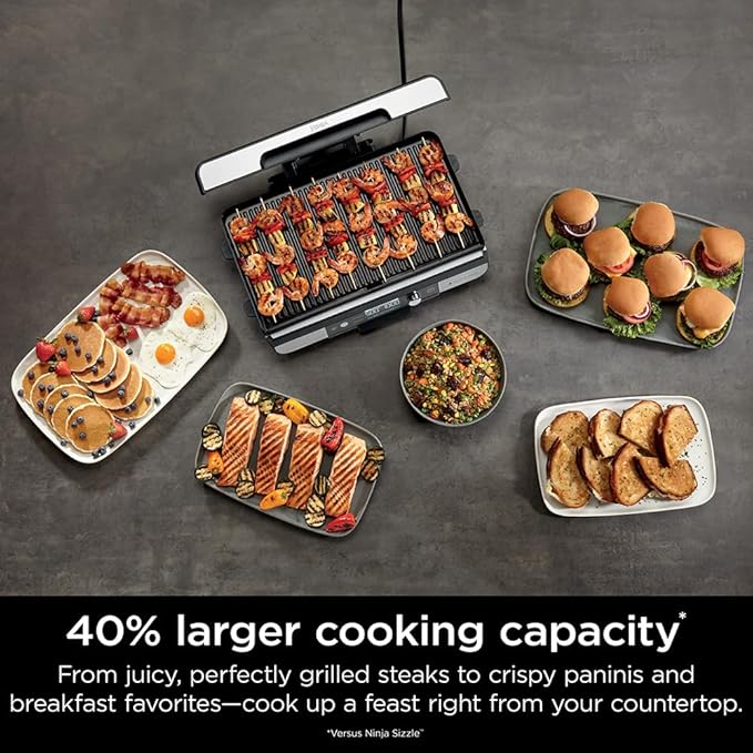 Ninja Sizzle Pro XL 20-Inch Indoor Griddle + Grill, Detachable Ventilated Lid, Grease Control, Ceramic Nonstick Plates, Even Edge-to-Edge Cooking, XL Capacity, Versatile, Silver GX101 (Renewed)
