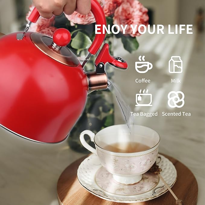 2.6 Quart Red Whistling Tea Kettle, Stainless Steel, Cool-Touch Handle, Loud Whistle, 7.48-inch Base, Induction Compatible