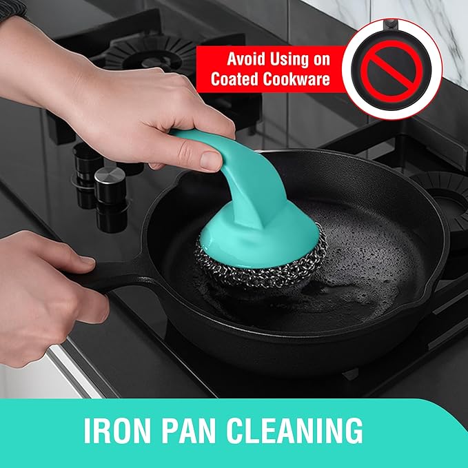 HAUSHOF Cast Iron Scrubber with Long Handle, Chainmail Scrubber Cast Iron Cleaner for Pan, Kitchen Cleaning Kit for Grill, Dutch, Oven