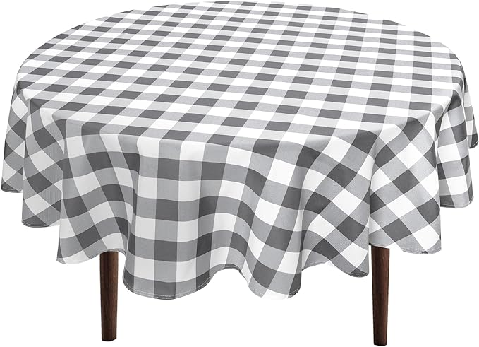 Hiasan Checkered Round Tablecloth 120 Inch - Waterproof Stain and Wrinkle Resistant Washable Fabric Table Cloth for Dining Room Party Outdoor Picnic, Grey and White