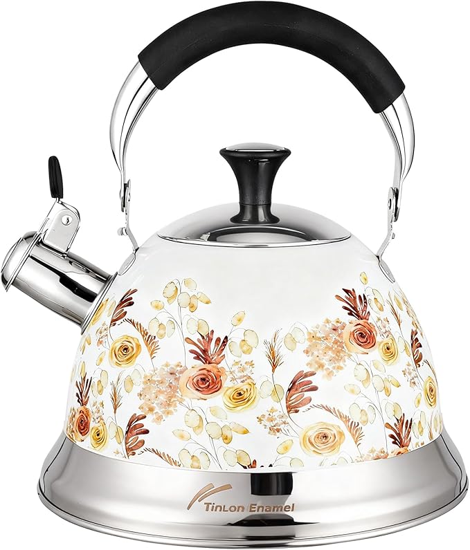 Stainless Steel Whistling Tea Kettle Stovetop - 3.1QT Tea Pot for Stove Top, Vintage Floral Print, Foldable Handle, 304 Stainless Steel Interior Teatop for Tea, Coffee, Party & Gift