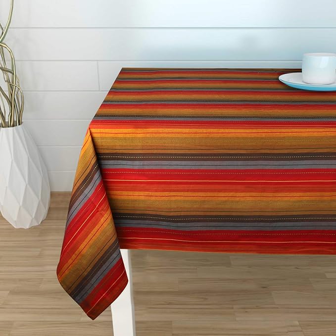 Urban Villa Tablecloth Cuisine Stripes Table Cloth Tabletop Cover Kitchen Dining Tablecloth 100% Cotton Great Parties Wedding Holiday Dinner Red Multi Rectangle 60X102 Inches 8-10 Seats Table Cloth