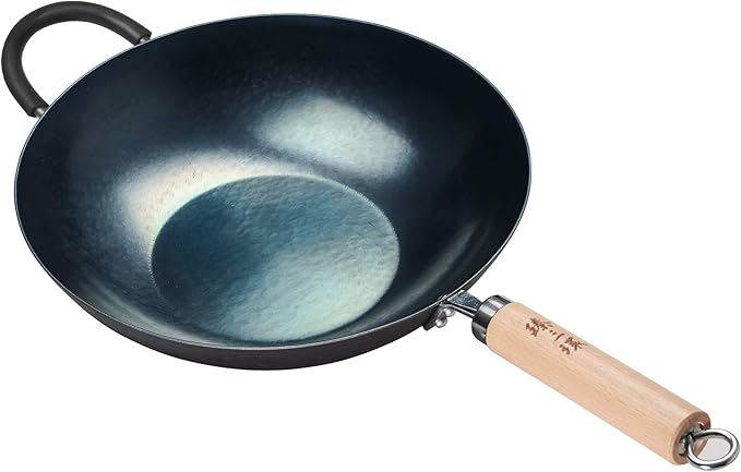 臻三环 ZhenSanHuan HandHammered Iron Wok Flat Bottom Induction Suitable (34CM Wood Handle with Help)