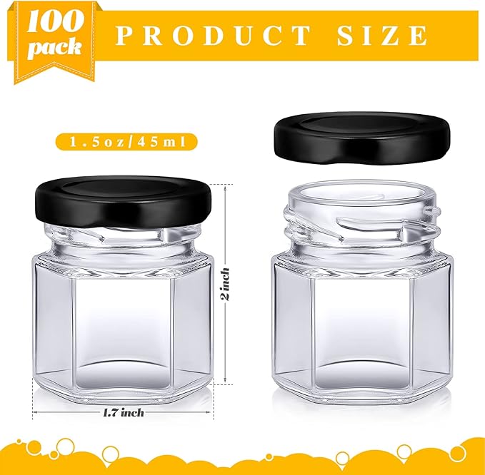 Nuogo 100 Pack 1.5oz Mini Hexagon Glass Jars Bulk for Wedding Small Honey Jars with Lids for Spice Canning Mason Gifts Candy Honey Wedding Party Favors DIY Crafts(Black)