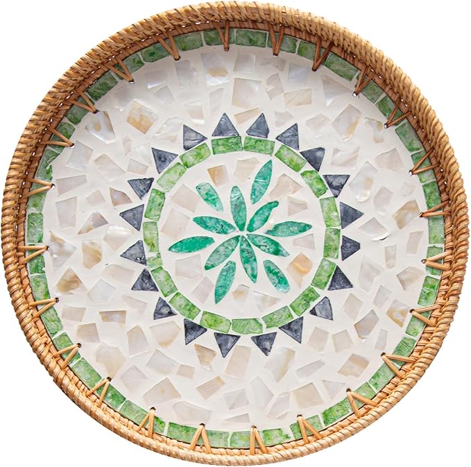 Round Rattan Tray Home Decor, 12'' Wicker Serving Tray with Mother of Pearl Inlay, Boho Decorative Tray for Coffee Table, Bathroom, Ottoman, Kitchen Table, Bathroom (Bohemian)