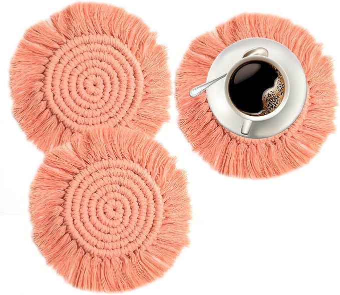 2 PCS Macrame Coasters Handmade Boho Coasters,Woven Absorbent Drink Coaster,Heat Resistant Cotton Coaster for Coffee Table,Desk Kitchen Dining Room Kitchen, Home Decoration (Coral Pink)