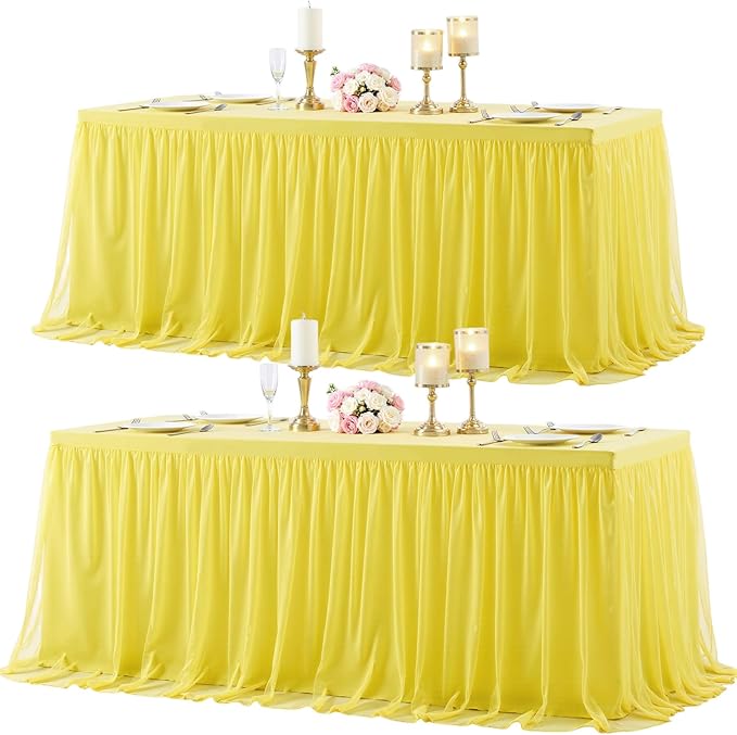 2 Pack Yellow Tulle Tablecloth for 8 Foot Rectangular Tables 8ft Yellow Rectangle Table Cloths Wrinkle Free Table Cover with Tutu Skirt for Birthday Cocktail Banquet Buffet Lemon Fruit Party Decor