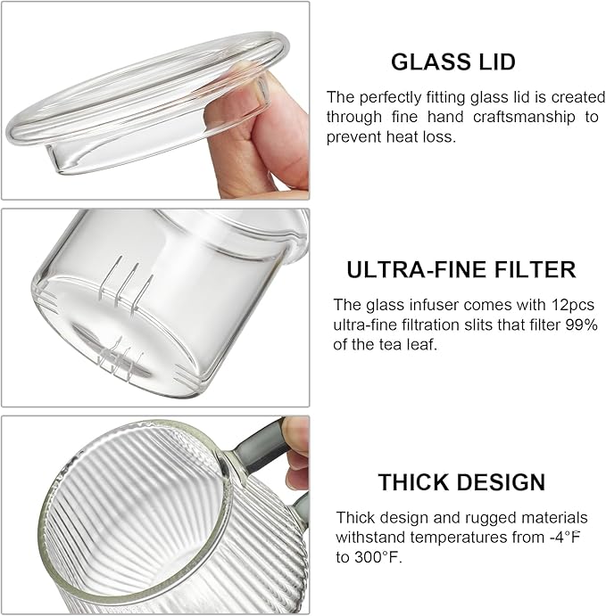 Lezero Tea Infuser Cup with Filter and Lids, Borosilicate Glass Mugs with Strainer for Blooming & Loose Leaf, Lead-free, Microwave & Dishwasher Safe, 14oz