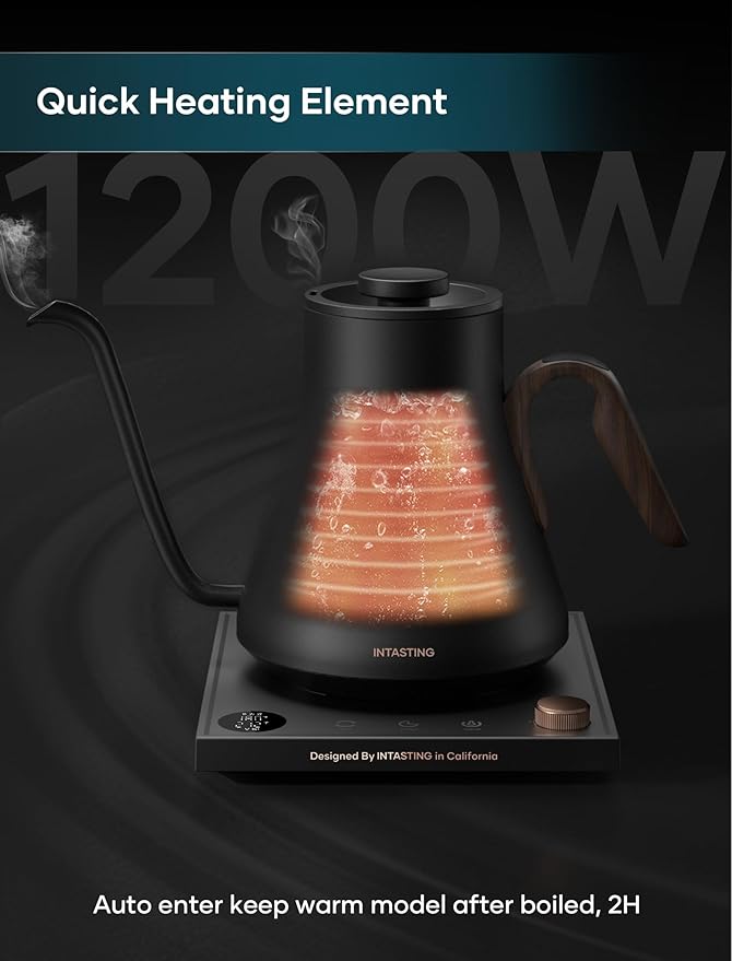 Electric Kettle, Gooseneck Electric Kettle, ±1℉ Precise Temperature Control, Stainless Steel Interior, Quick Heating for Pour Over Coffee, Tea & Boiling Water, 0.9L (Matte Black)