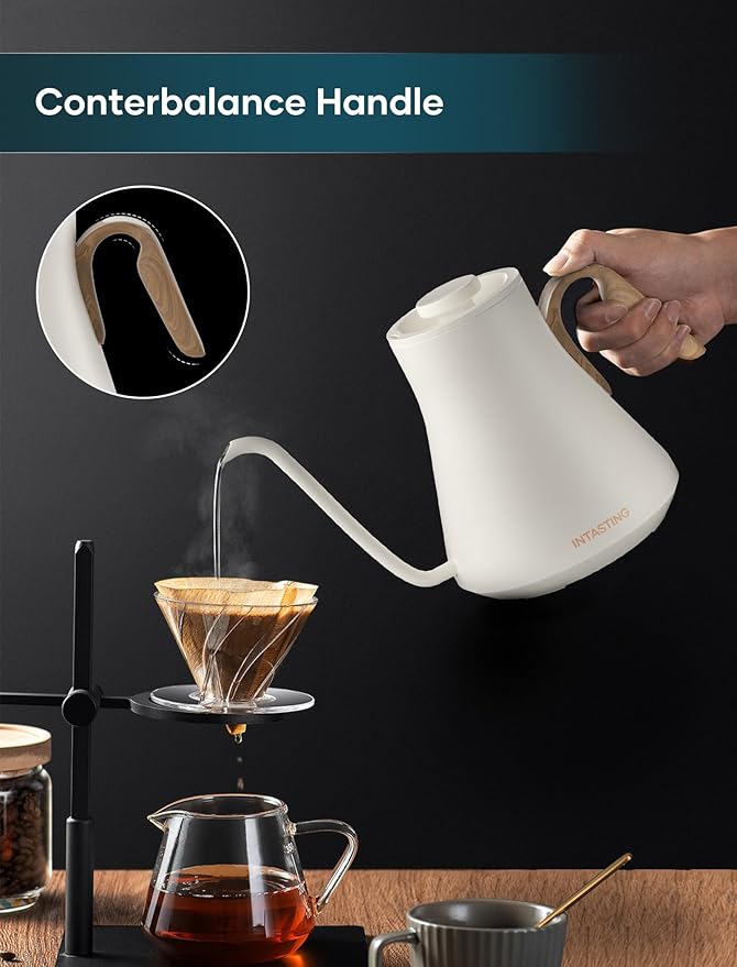 Electric Kettle, Gooseneck Electric Kettle, ±1℉ Precise Temperature Control, Stainless Steel Interior, Quick Heating for Pour Over Coffee, Tea & Boiling Water, 0.9L (Cream White)
