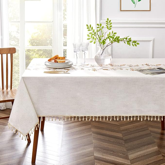 QIANQUHUI Embroidered Tablecloth for Dining Table,Rustic Farmhouse Kitchen Table Cover, Dust Proof Spillproof Soil Resistant Cotton Linen Rectangle Tablecloths（N-Beige,55x86 inch）
