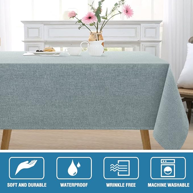 H.VERSAILTEX Linen Textured Tablecloth 60 x 84 Waterproof Decorative Table Cloth Spill-Proof Linen Look Cover for Party Table Extra Soft and Thick Fabric Wrinkle Free, Heather Aqua Gray