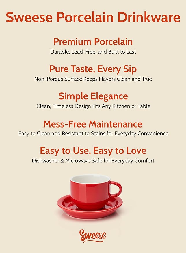 Sweese 2.5 Ounce Porcelain Stackable Espresso Cups with Saucers and Metal Stand Set of 4, Red
