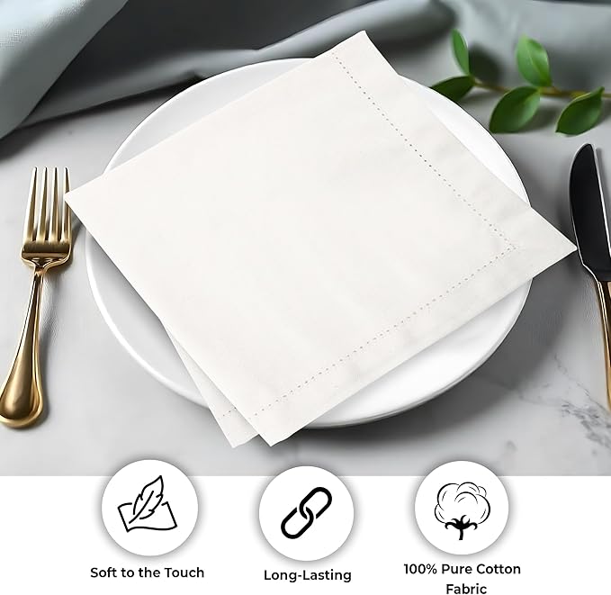 Urban Villa Cloth Napkins Ivory Hemstitch Dinner Napkins Set of 12 (20X20) 100% Cotton Absorbent Washable Durable Reusable Ideal for Hotel Collection Farmhouse Parties Restaurant Lunch Dinner Napkins