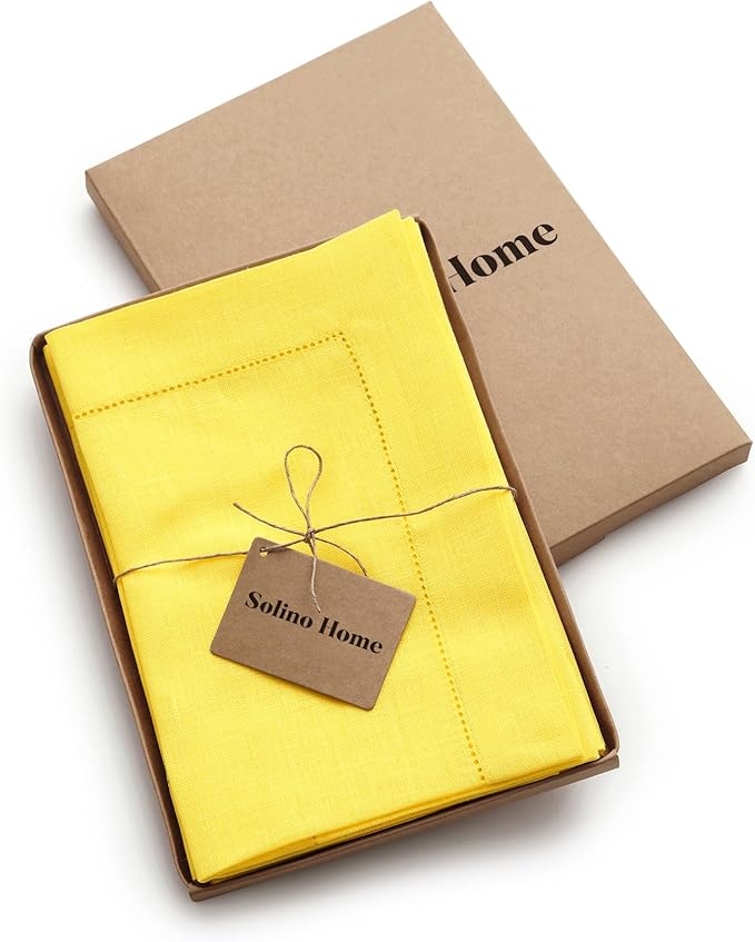 Solino Home Sunshine Yellow Linen Napkins Set of 4-100% Pure Linen Hemstitch Dinner Napkins 20 x 20 Inch for Spring, Easter - Classic Hemstitch