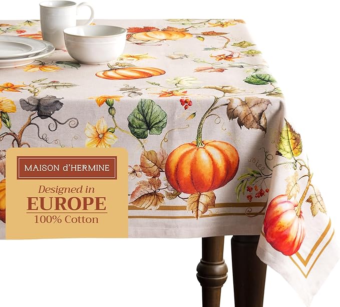 Maison d' Hermine Table Cloth Rectangle Table 100% Cotton 54 x 72 Inches Fall Tablecloth Reusable Everyday Use for Thanksgiving Christmas Decorations Dining Farmhouse Party (Potiron)