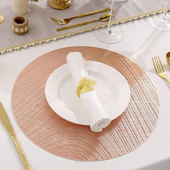 vinyl insulated dining table mats with waterproof and oil proof features, 6 piece set with embossed pressed lined design for professional dining use (Rose gold)