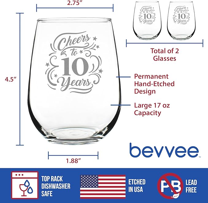 Bevvee Cheers to 10 Years - Stemless Wine Glass Gifts for Women & Men - 10th Anniversary Party Decor - Set of 2 - Large 17 Oz Glass