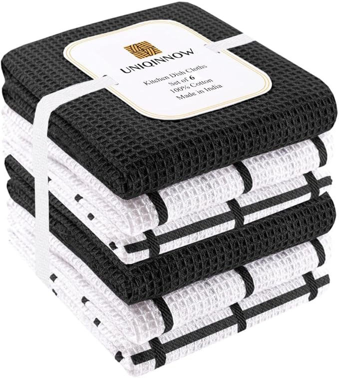 Assorted Waffle Kitchen Dish Towels Cotton Set of 6, Soft Absorbent Quick Drying Table and Kitchen Linen, Tea Towels and Cleaning Towels with Hanging Loop, Dish Towels 15x25 Black