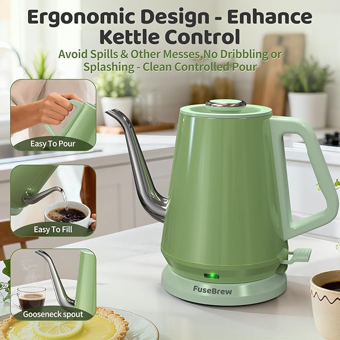Gooseneck Electric Kettle(0.8L),1200 Watts Fast Boiling,Stainless Steel BPA Free,Automatic Shut Off,Pour Over Kettle for Small Kitchen,RV,Trip,Coffee & Tea- Green