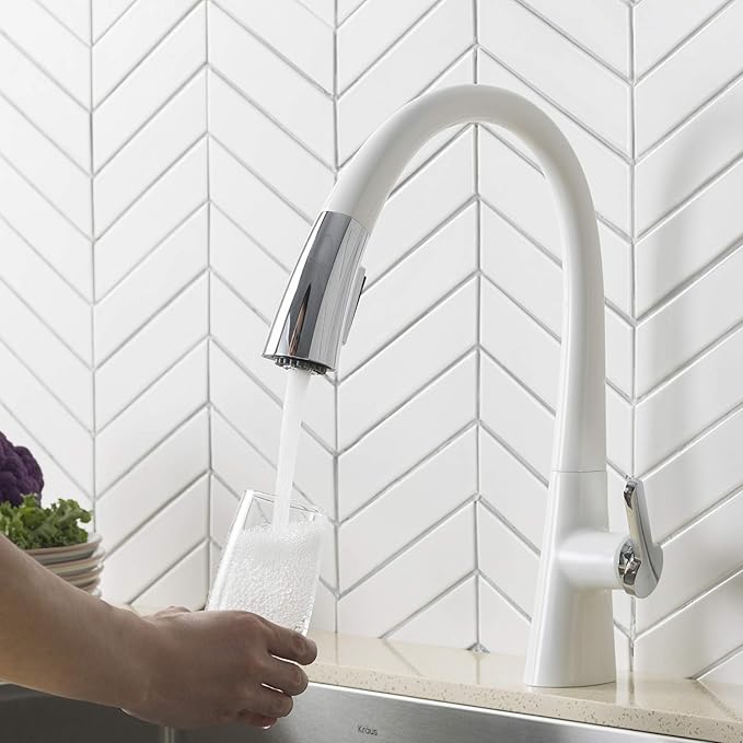 Kraus KPF-1673CHWH Nolen Dual Function Pull, Faucets for Kitchen Sinks, Single-Handle, 16 3/8 Inch, Matte White/Chrome