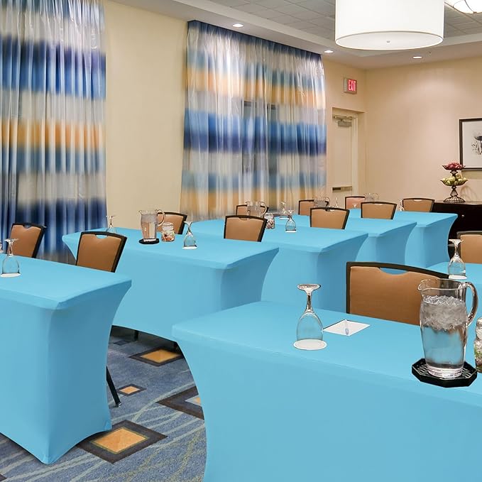 Stretch Table Cover for 6 Foot Tables-8 Pack Light Blue Spandex Fitted Tablecloth-Elastic 6ft Folding Tablecloths for Party, Vendor Booth Display, Banquet Buffet Event, Craft Trade Show