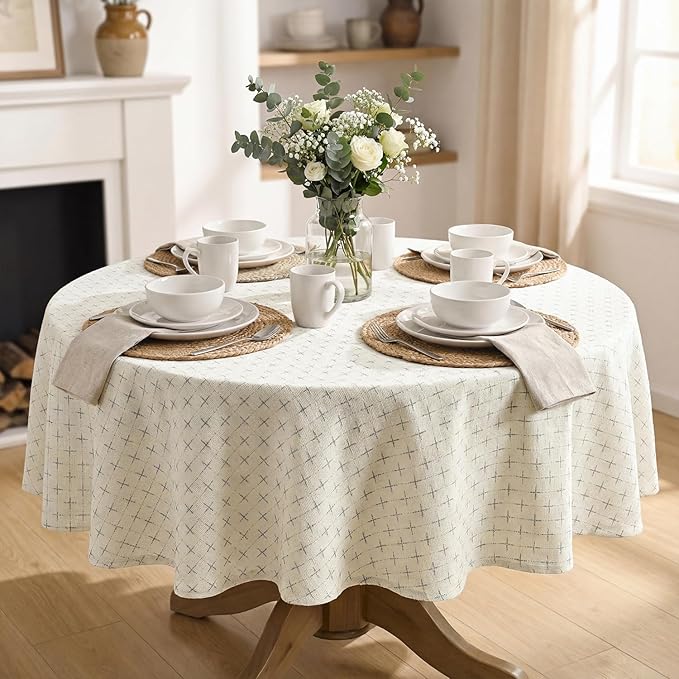 Horaldaily White Round Table Cloth, Cross-Star Solid Textured Embroidery Tablecloth, Wrinkle Free Washable 60×60 Inch Table Cover for Kitchen, Party, Wedding, Picnic, Outdoor