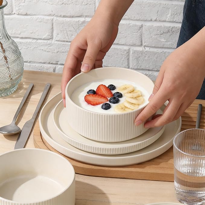 MONITO Ceramic Dinnerware Sets for 4, 12PCS Stoneware Plates and Bowls Sets, Reactive Glaze Dish Set, Chip and Scratch Resistant Double, Microwave and Dishwasher Safe, Matte White