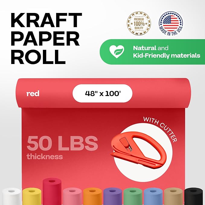Christmas Red Kraft Paper Roll 48" x 1200" (100 feet) with Cutter - USA-Made Gift Wrapping Paper for Packing, Moving, Shipping & Crafts/Arts - 100% Recyclable Natural Craft Material by IDL Packaging