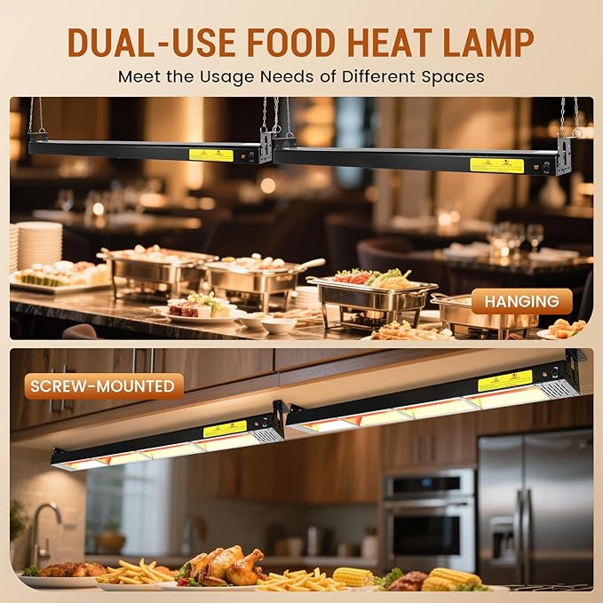 48-Inch Food Heat Lamp - 1350W Commercial Food Warmer Lamp Overhead Stainless Steel Catering Heat Lamps Electric Strip Heater for Restaurant Buffet Parties Kitchen, Black 115V
