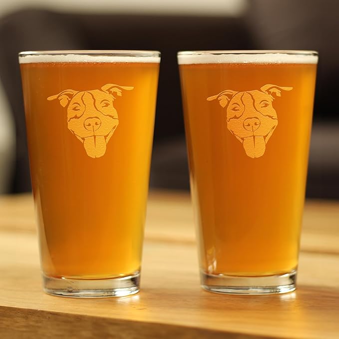 Happy Pitbull - Pint Glass for Beer - Fun Unique Pitbull Themed Dog Gifts and Party Decor for Women and Men - Set of 2-16 oz