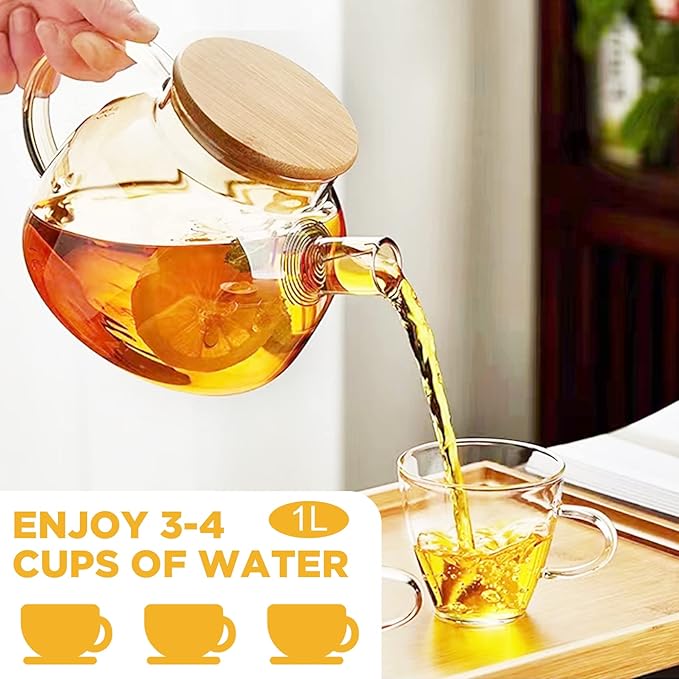 Glass Tea Pot Kettles Stovetop Safe, 33.8oz/1000ml Heatproof Borosilicate Glass Teapot Water Pitcher With Bamboo Lid and Removable Filter Spout for Loose Leaf and Blooming Tea