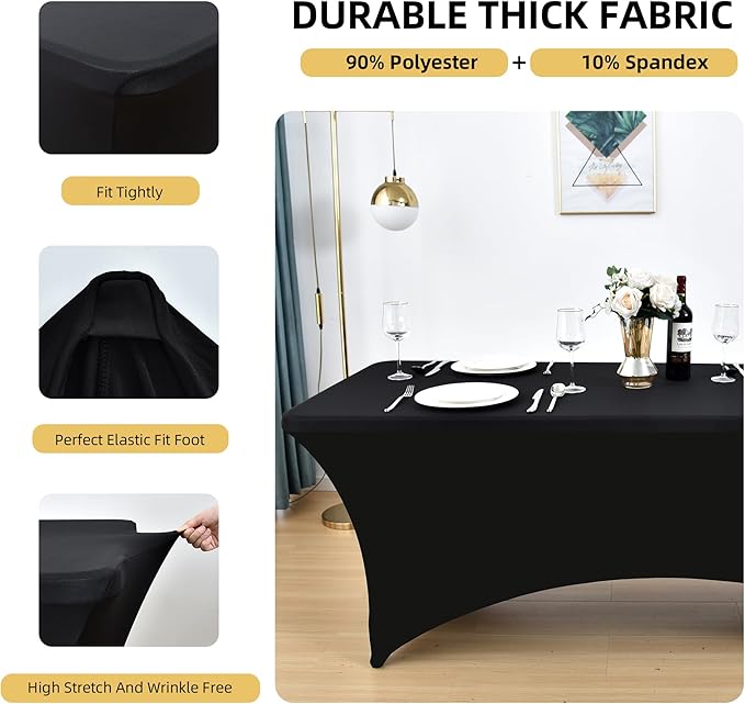 2-Pack 6ft Black Spandex Table Covers for Rectangle Standard Folding Tables - Wrinkle Resistant Stretch Tablecloths - Ultimate Fitted Table Protector for Parties, Trade Shows, Banquet