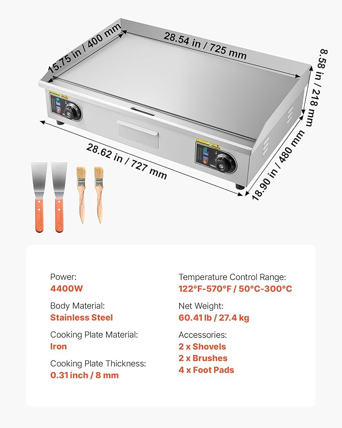 VEVOR Commercial Electric Griddle, 28.54 x 15.75 in, 2800W, 122-570°F Adjustable Temp Control, Stainless Steel Countertop Flat Top Grill with 2 Spatulas, 2 Brushes, and 4 Foot Pads, for Steak