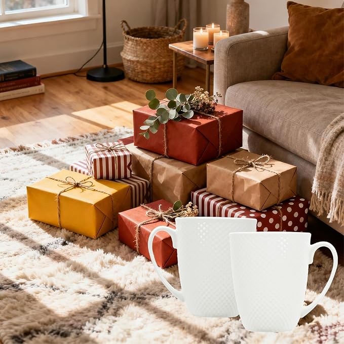 12 Oz White Coffee Mugs Set of 4, Fine Bone China Mugs, White Ceramic Coffee Cups Set, Rhombus Relief Texture, Lightweight Tea Mugs for Latte, Hot Cocoa, Women, Men