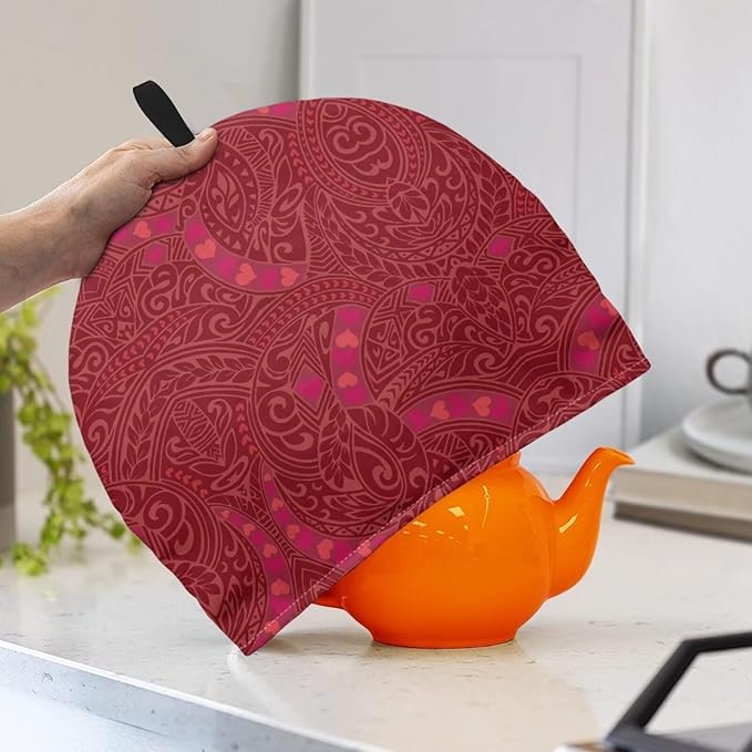 Tea Cozy for Teapots with Handle, Valentine's Day Heart and Polynesia Print Dust Insulated Cover, Hanging Fold-Up Design, Suitable for Kitchen and Living Room Table Decoration