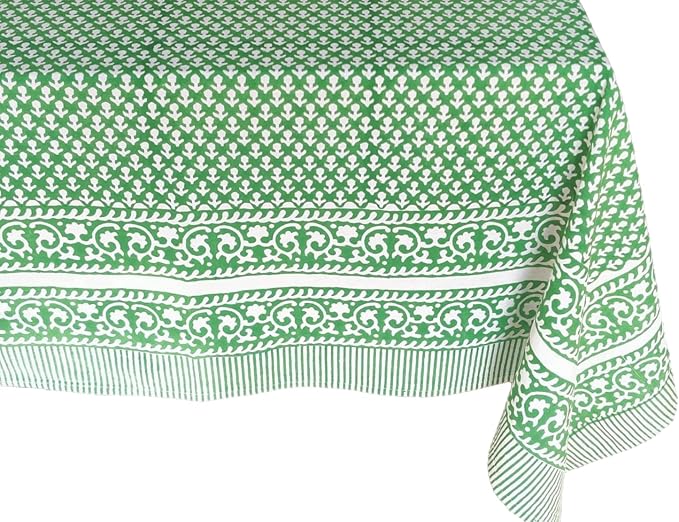 ATOSII Queen Green 100% Cotton Tablecloth, Handblock Print Rectangle Table Cover for Kitchen Dining I Tabletop Linen I Parties, Thanksgiving, Christmas, Wedding, Fall Table Cloth 60 X 90 Inches